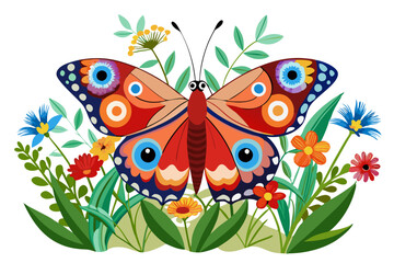 A butterfly sits on meadow flowers vector illillustration 