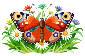 A butterfly sits on meadow flowers vector illillustration 