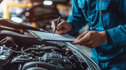 Car check in a garage by a man with a checklist, safe driving concept, economic driving concept
