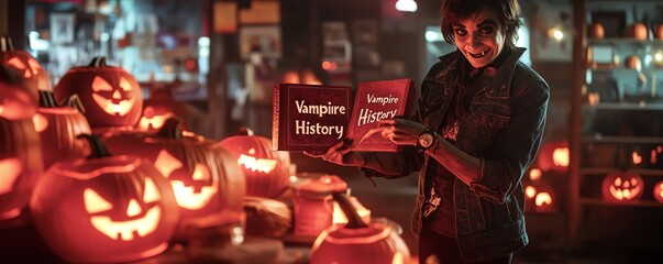 A young person holds a book about vampire history amidst glowing Halloween pumpkins, creating a spooky and festive atmosphere.