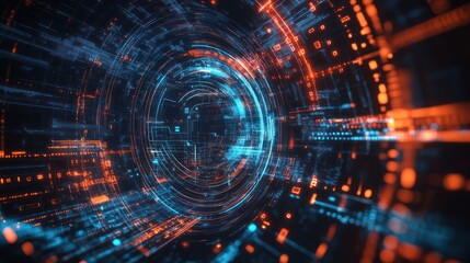 Describe an abstract technology background with geometric shapes and digital elements.