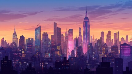 Fototapeta premium Illustrate New York at dusk, showcasing the blend of twilight and the glow of city lights.