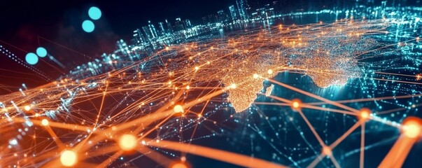 Fototapeta premium A stunning view of a connected world, showcasing vibrant network lines and data flow across continents.
