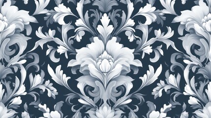Describe a Baroque-style wallpaper with a seamless vector background, featuring white and grey floral ornaments.