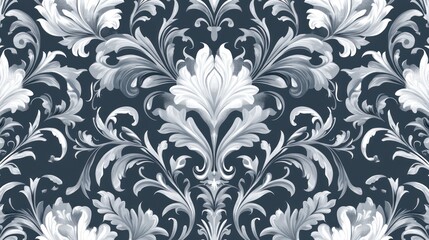 Describe a Baroque-style wallpaper with a seamless vector background, featuring white and grey floral ornaments.
