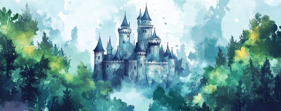 A serene illustration of a majestic castle nestled within a misty forest, surrounded by lush greenery, evoking a sense of mystery and fairytale charm.