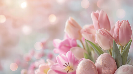 A beautiful Easter backdrop featuring soft tulips and Easter eggs, light pink and pastel tones, dreamy and serene, soft-focus background with delicate brush strokes, calming sunlight