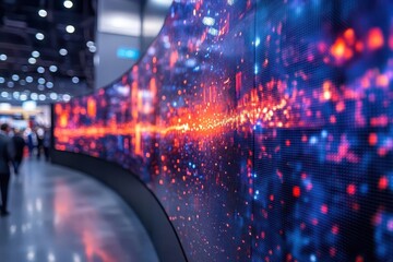 sleek trade show display with curved led screen floating holographic product images minimalist design blurred crowd of attendees in background