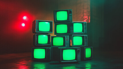 3d rendered stack of classical old televisions, aged green screen tv monitors, panorama vintage chrome key TVs, vintage video element cinematic red lighting composition dynamic scene