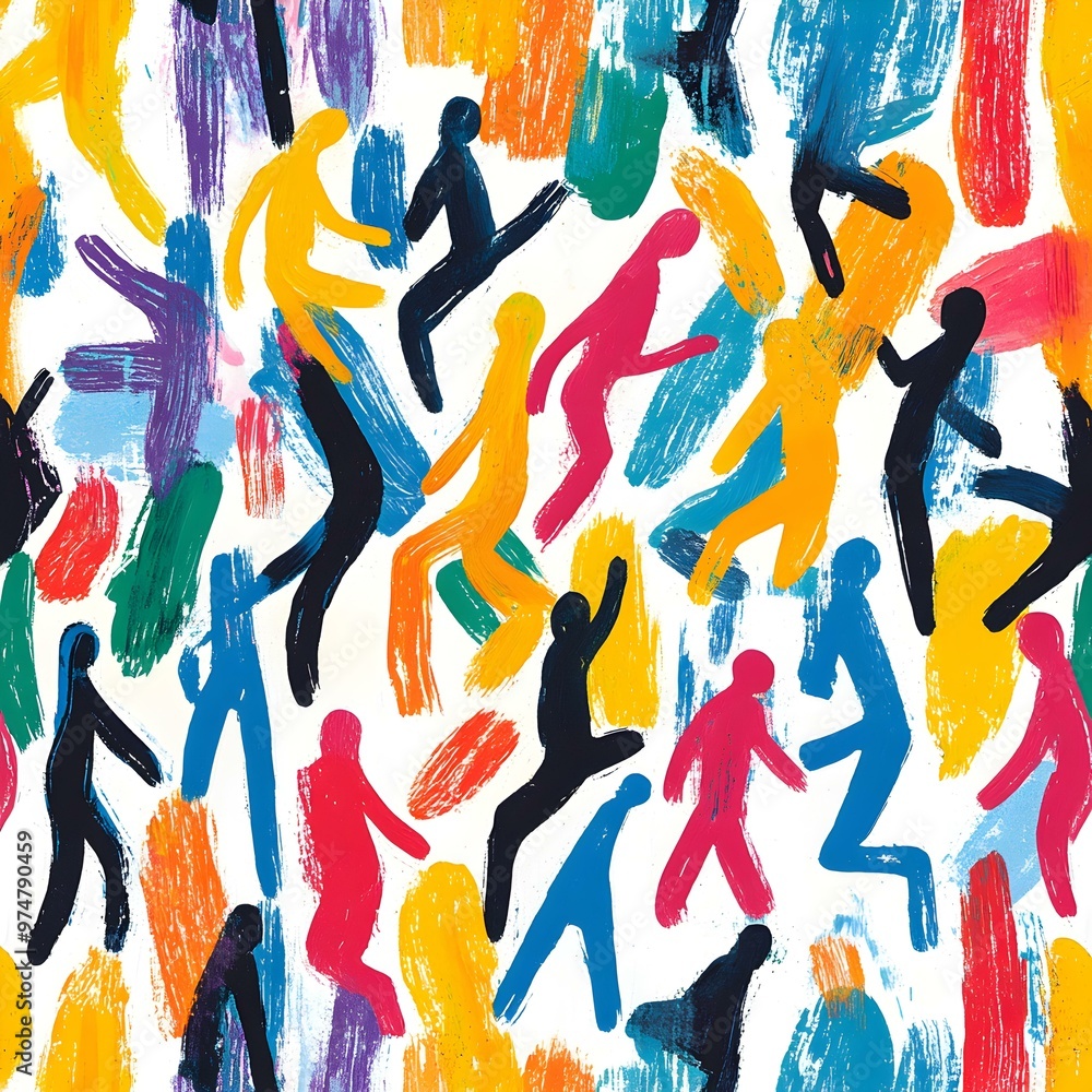 Poster vibrant stick figures in motion, a dynamic scene showcasing colorful stick figures engaged in variou