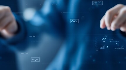 Close-up of hands interacting with digital data, representing technology, innovation, and data visualization.