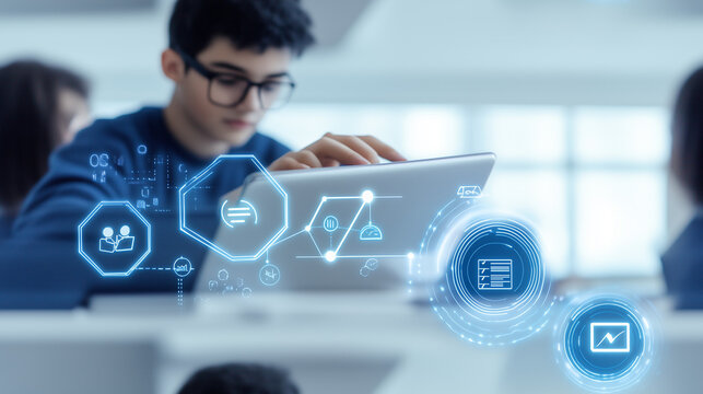 Focused student using tablet in a classroom with futuristic digital icons overlayed.  Concept of modern education and technology.