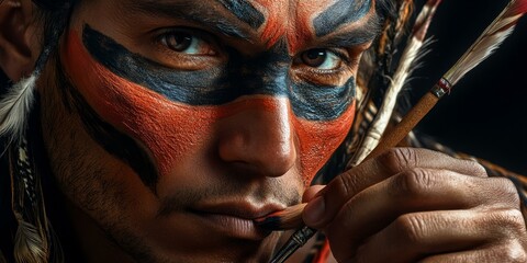 A man with face paint holds a brush to his