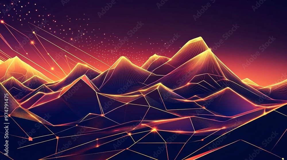Poster abstract glowing mountain range with geometric lines and glowing dots in a red and black gradient.