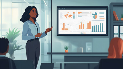 A businesswoman standing confidently in front of digital presentation, showcasing various graphs and charts. modern office setting enhances her professional demeanor and informative nature of presenta