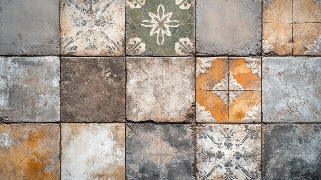 Illustrate a shabby vintage patchwork tile pattern with rusty brown and gray on a concrete or stone wall background.