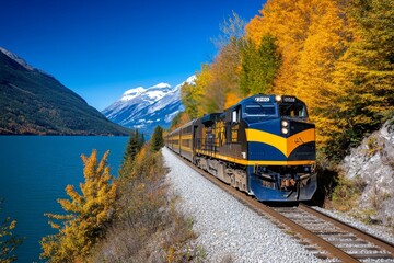 Canadian Autumn Scenic Train Rides visualized in a travel guide, showcasing scenic train routes like the Rocky Mountaineer and VIA Rail during autumn