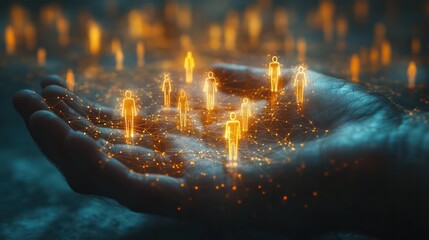 A futuristic animation of a Caucasian hand holding virtual people icons connected in a glowing web, representing social media and business networks.