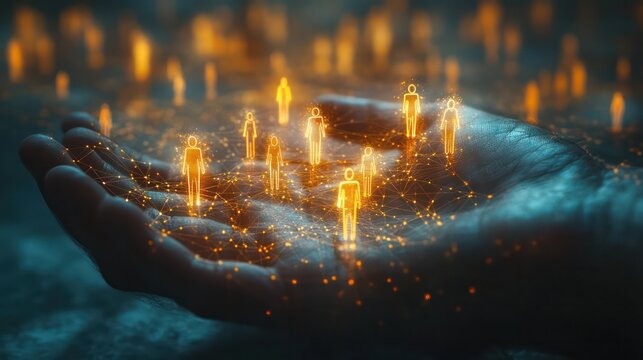 A futuristic animation of a Caucasian hand holding virtual people icons connected in a glowing web, representing social media and business networks.