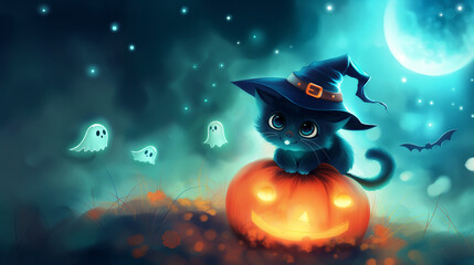 A chibi-style black cat wearing a witch hat, sitting on a glowing pumpkin, with tiny ghosts floating around. The background is a magical night with a full moon and floating stars.