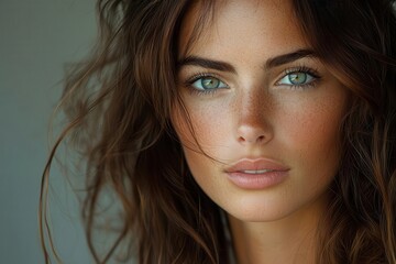Fototapeta premium striking closeup portrait of a beautiful brunette woman against a neutral gray background soft flattering lighting accentuates her features creating an intimate and captivating image