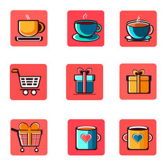 This illustration features a 3x3 grid of colorful icons, including mugs with steam rising from them, shopping carts, and gift boxes with bows. Each icon is set against a red square background, offerin