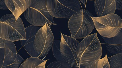 Depict a luxury wallpaper with gold leaf details and a natural background with line art of leaves, perfect for fabric and textures.