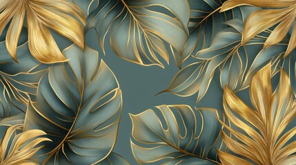 Depict a luxury wallpaper with gold leaf details and a natural background with line art of leaves, perfect for fabric and textures.