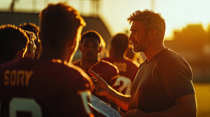 Coach giving instructions to football players during a sunset practice session on a high school field