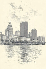 New Orleans, Louisiana, black and white pen pencil hand-drawn effect portrait drawing illustration for travel poster, card, wallpaper, backdrop or banner. Modern, clear, artistic and simple