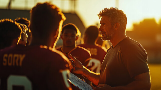 Coach giving instructions to football players during a sunset practice session on a high school field