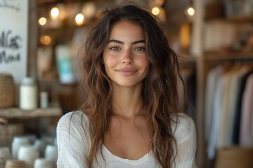 stylish female entrepreneur confidently poses in her chic boutique interior features minimalist design with carefully curated clothing displays soft flattering lighting highlights fashion items