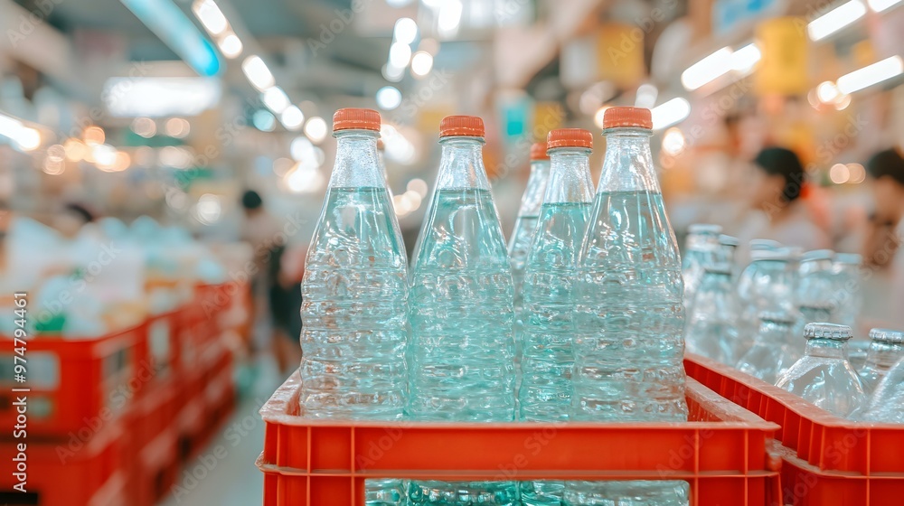 Poster colorful soda bottles neatly organized in vibrant red crates, showcasing a lively and inviting displ
