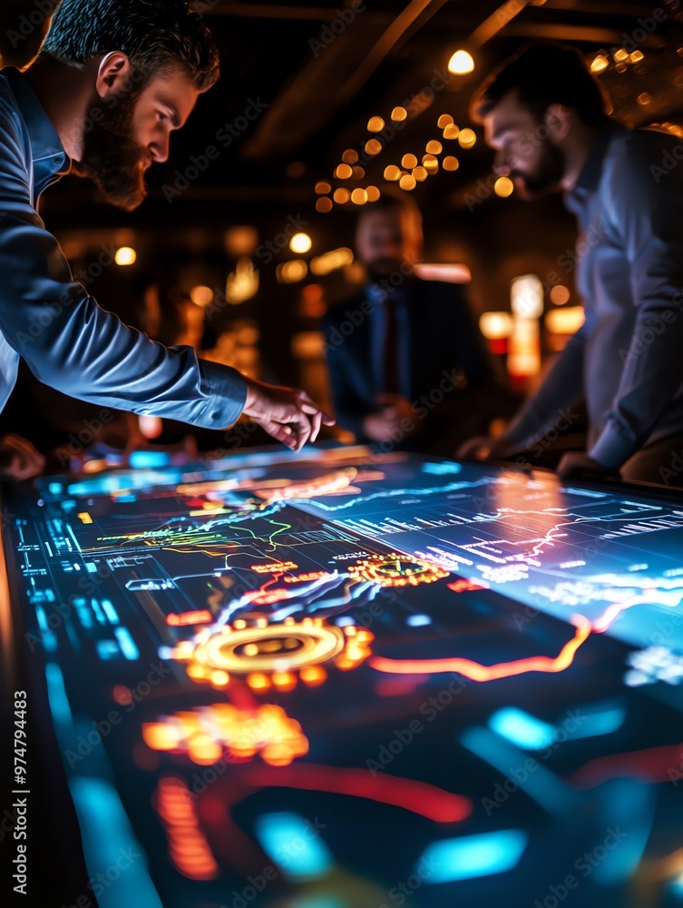 Aufkleber business professionals analyzing data on a digital touchscreen display in a modern environment.