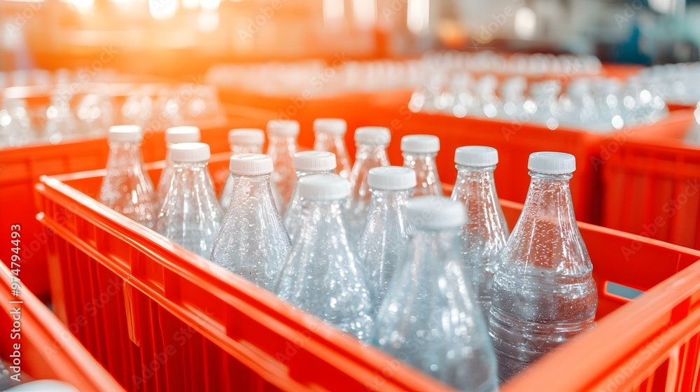 Poster colorful glass soda bottles neatly arranged in vibrant red crates, creating an eye-catching display 