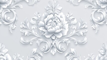 Describe a Baroque-style wallpaper with a seamless vector background, featuring white and grey floral ornaments.