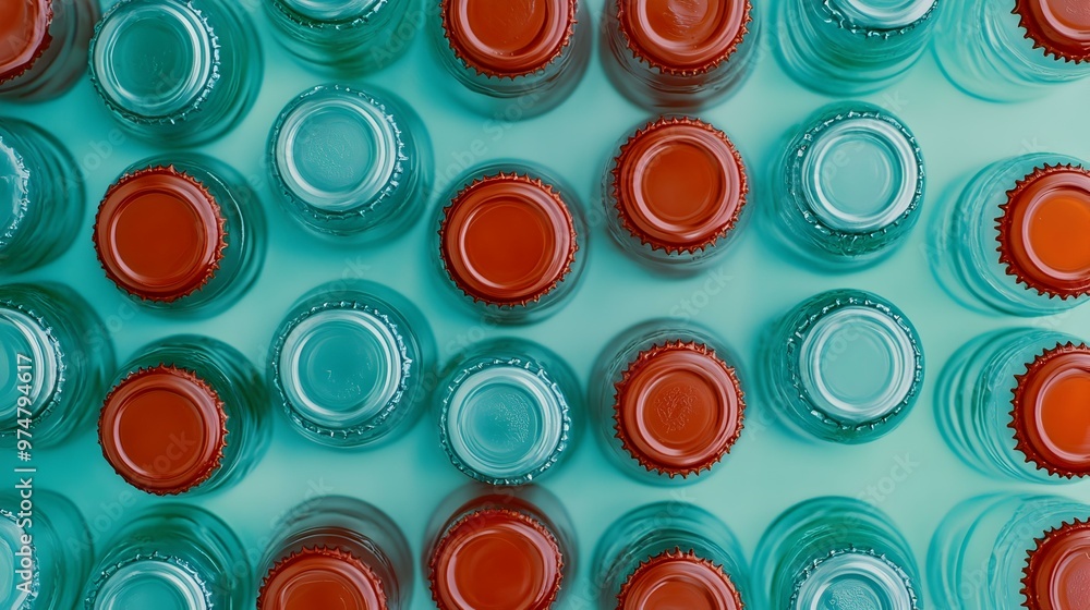 Poster glass soda bottles lined up meticulously, vibrant colors reflecting light, creating a captivating vi