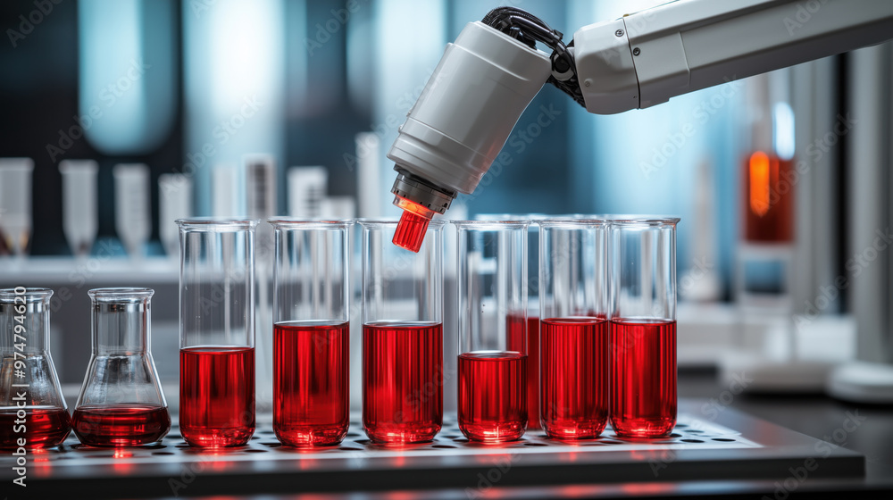 Poster robotic arm testing product durability in high tech lab with red liquids