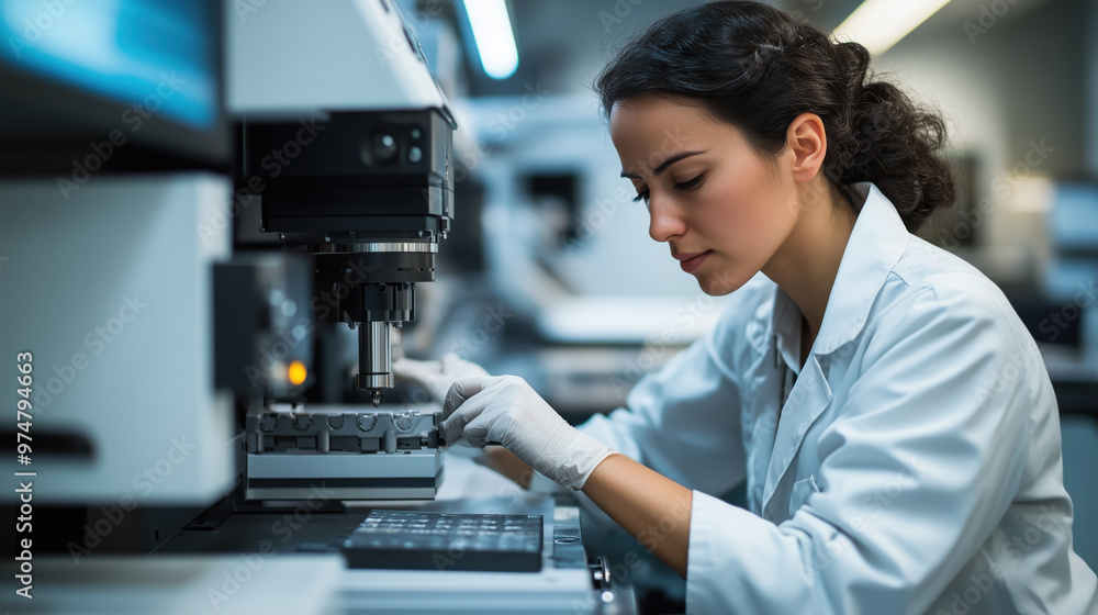 Poster technician operating advanced machinery to run product tests in lab