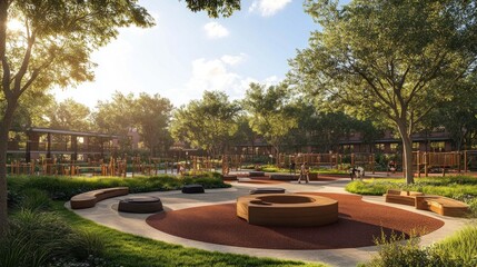 A serene playground surrounded by lush trees and seating areas.