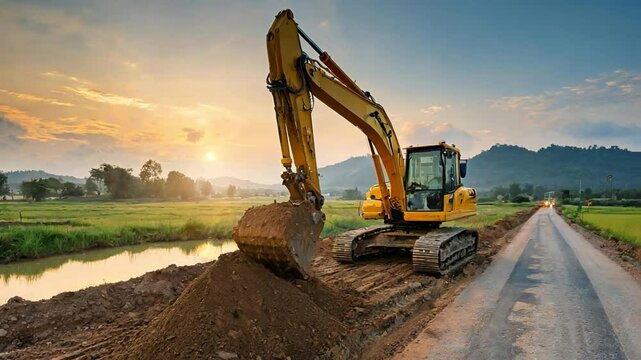 A powerful yellow excavator moves earth on a rural road construction site.