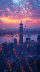 Fototapeta premium Manhattan Skyline at Dusk with Vivid Pink Sky
