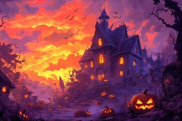 Gothic House Surrounded by Jack-o'-Lanterns in Stylized Halloween Scene..