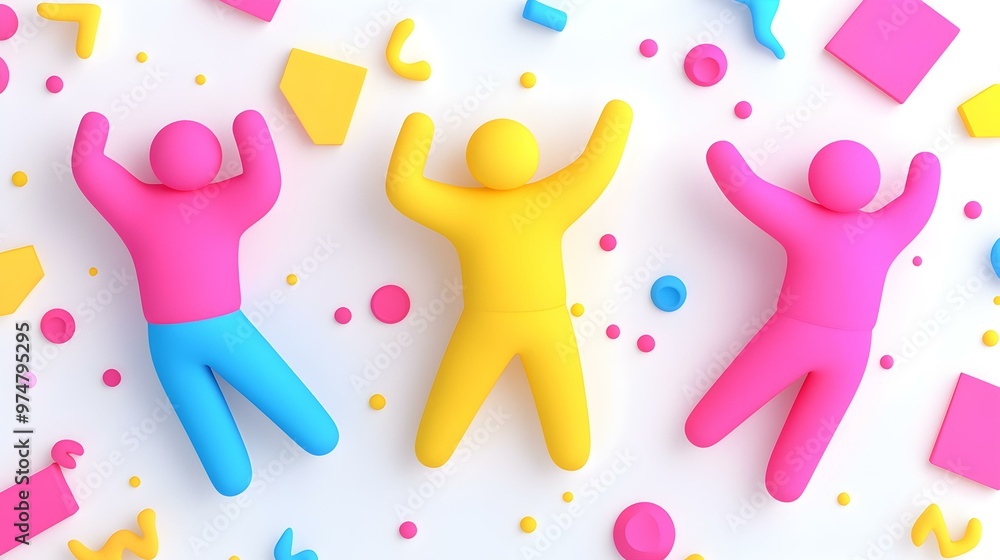 Poster minimalist cartoon characters engaging in exercise, a vibrant scene showcasing simple characters ent