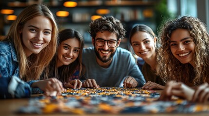 A diverse group of people gathered around a table, smiling as they collaborate to fit the final pieces of a large puzzle together, symbolizing teamwork and problem-solving.