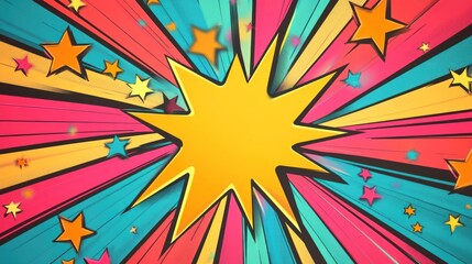 Fototapeta premium Design a scene with a vibrant background featuring colorful, overlapping starburst shapes in a comic book style, ideal for conveying energy.