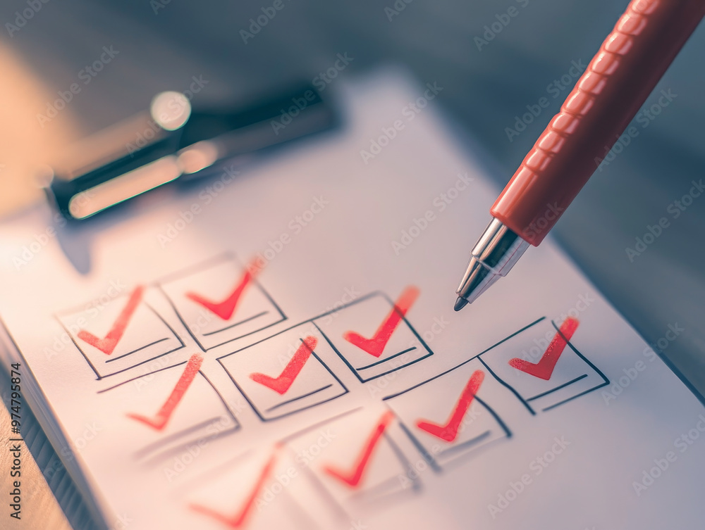 Poster a checklist with red marker check marks indicates progress and completion. pen poised above paper su