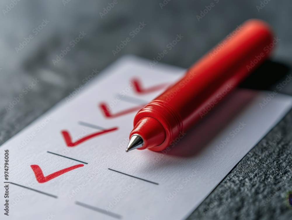 Poster a red marker resting on quality assurance checklist, symbolizing productivity and organization. chec