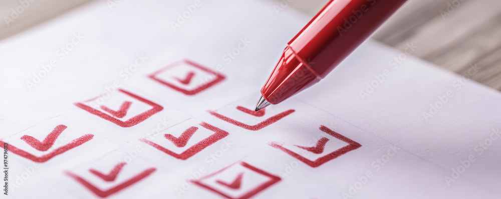 Poster a red marker is ticking off completed tasks on quality assessment checklist, symbolizing productivit