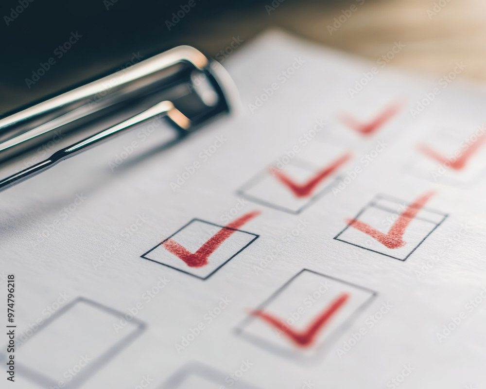 Poster close up of checklist with red marker check marks, symbolizing completed tasks and organization. thi